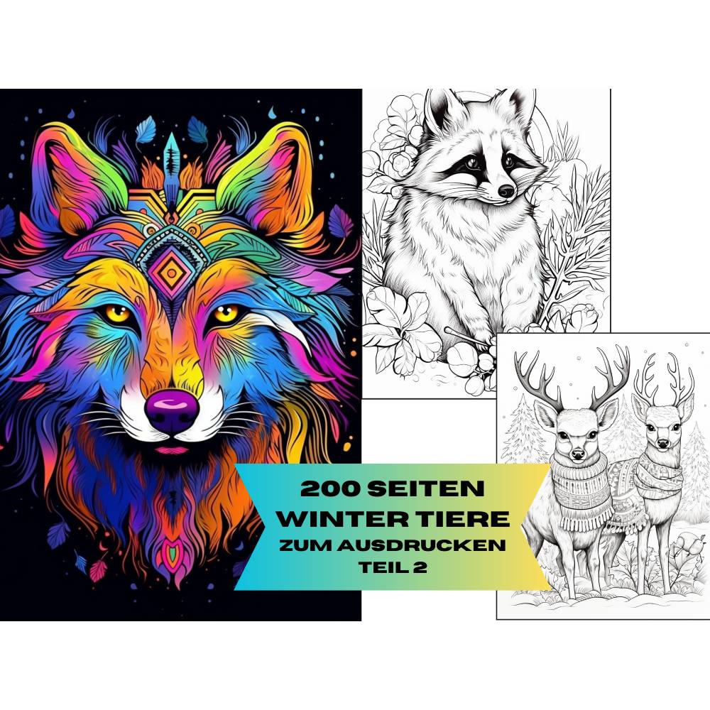 Winter Wild Tiere 200 Seiten PDF Malbuch Teil 2 Erwachsene Kinder Download Bild 1