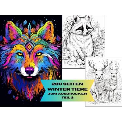 Winter Wild Tiere 200 Seiten PDF Malbuch Teil 2 Erwachsene Kinder Download