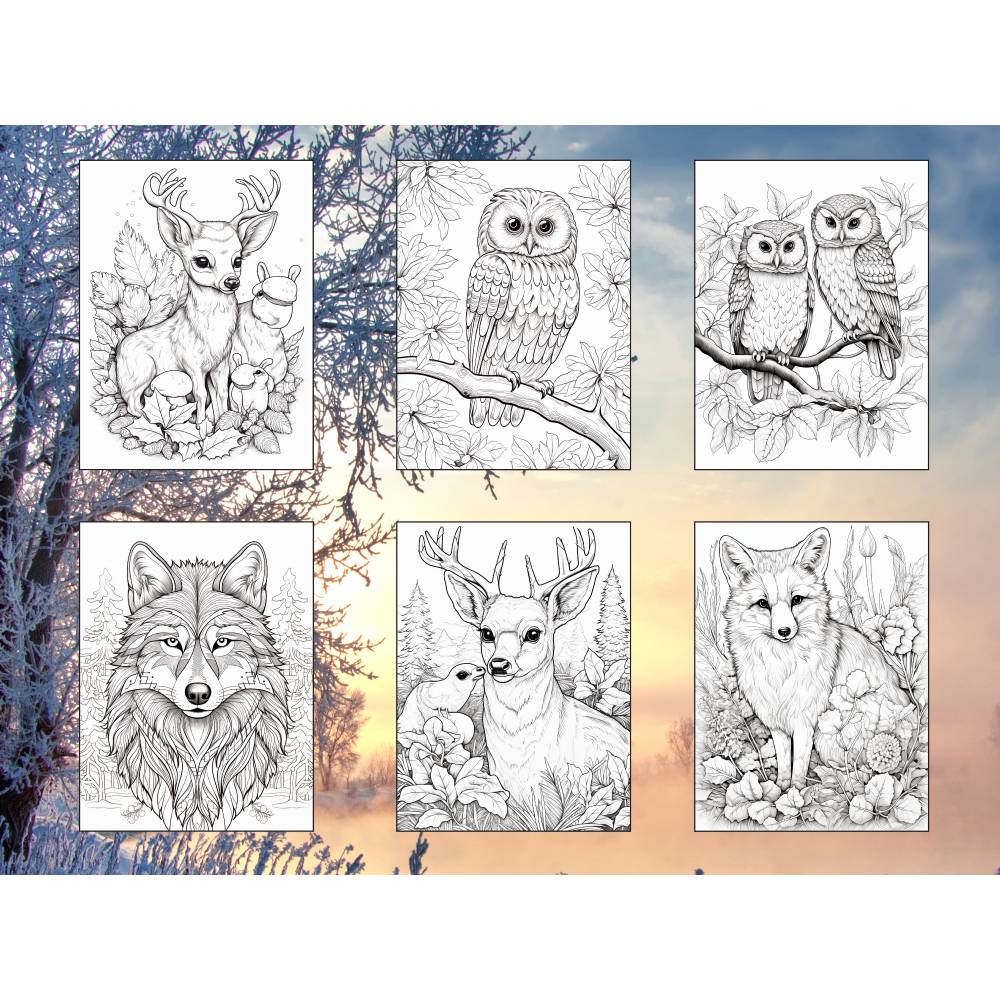 Winter Wild Tiere 200 Seiten PDF Malbuch Teil 2 Erwachsene Kinder Download Bild 2