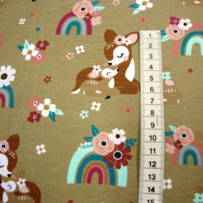 French Terry Sweatstoff Bambi Rehkitz Regenbogen Blumen mint türkis – Kinderstoff zum Nähen