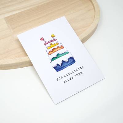 A6 Geburtstagskarte Regenbogen Torte Aquarell | A6 Klappkarte mit Briefumschlag