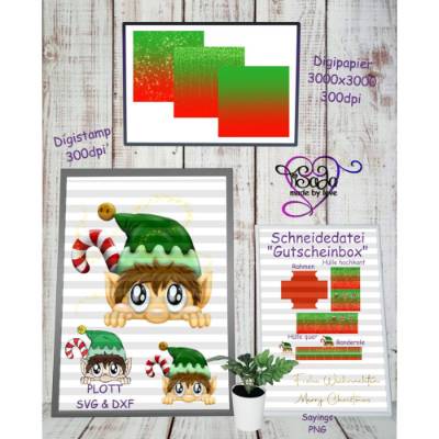 TiSaJa - Set Plott und Digistamp "Kuckuck-Elf" plus Schneidedatei Gutscheinbox Weihnachten Geldgeschenk Gutschein