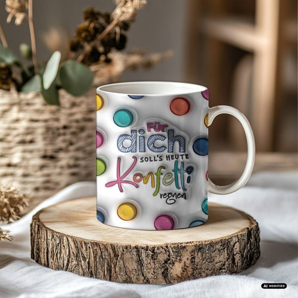 Geburtstags-Tasse „Konfetti regnen“ – bunte Keramiktasse mit 3D-Look, kleine Aufmerksamkeit zum Geburtstag
