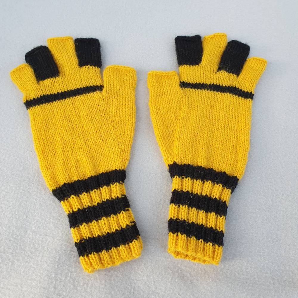 Gelb-Schwarze Fan Handschuhe ohne Fingerkuppen  Handgestrickt Gre L