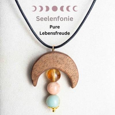 Kette Mondsichel aus Holz mit drei Edelsteinperlen für pure Lebensfreude | Citrin, Sonnenstein, Amazonit