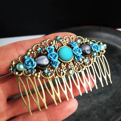 Haarkamm im Vintage-Stil , Glas und Rosen, türkis