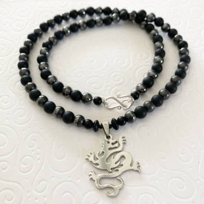 Onyxkette für Herren mit Hämatit und Drachen-Anhänger aus Edelstahl – Handgefertigte schwarze Edelsteinkette