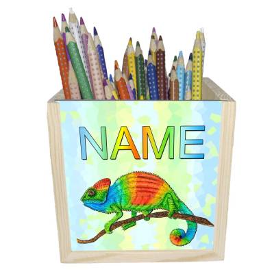 Chamäleon Holz Stiftebox personalisiert z. B. mit Name und Schriftartwahl | 10x10x10cm | Stiftehalter