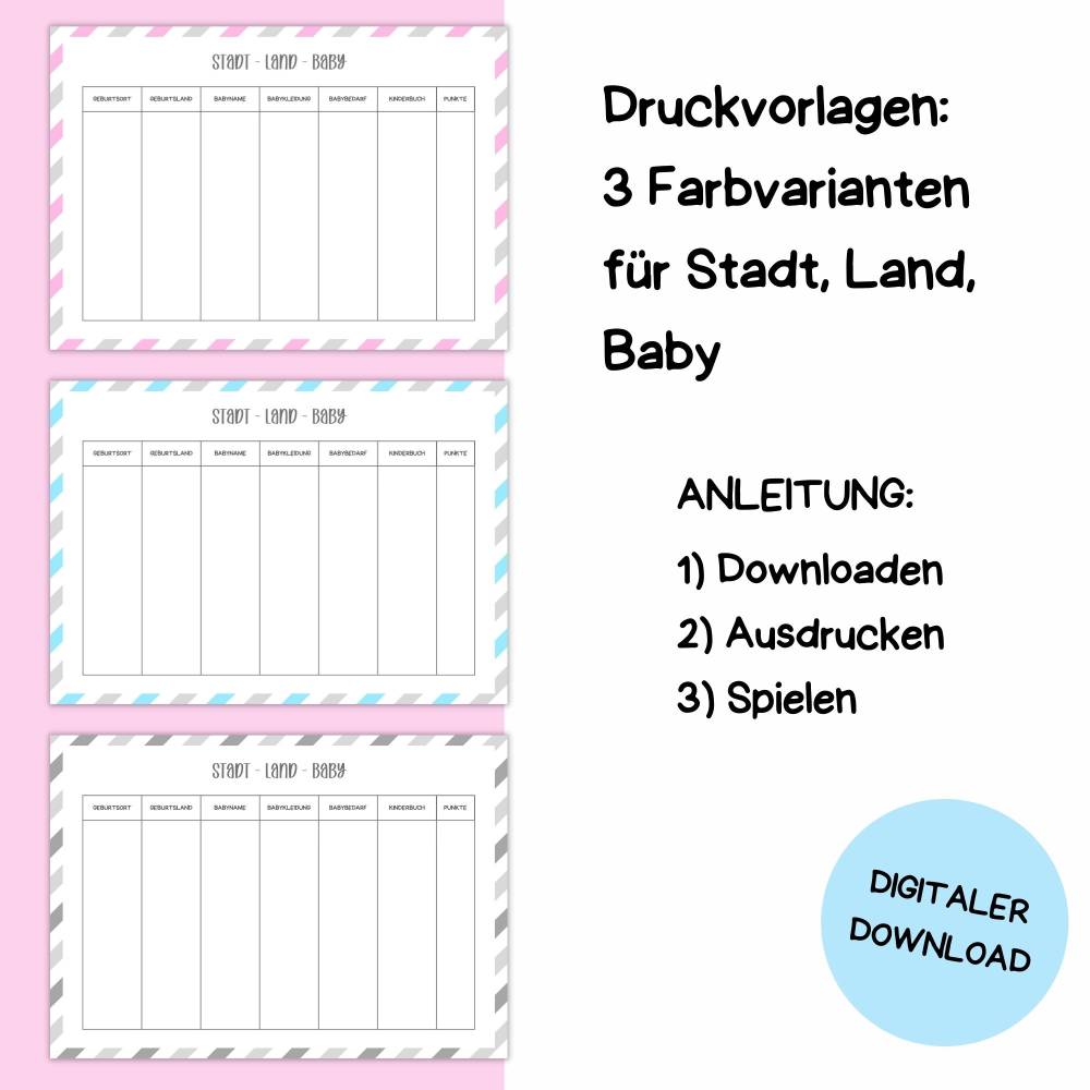 Stadt Land Baby Spiel für Babyparty Druckvorlage - Babyshower Idee zum Selberdrucken - Digitaler Download Bild 2
