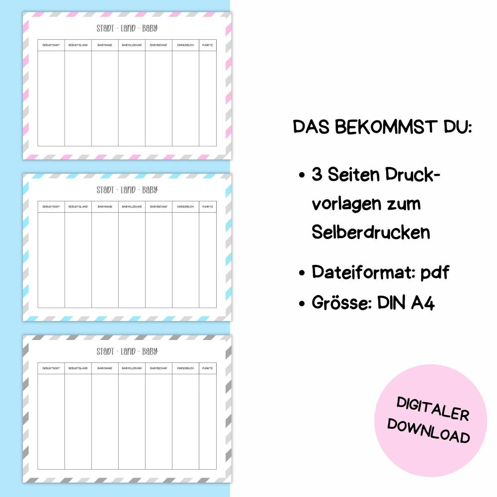 Stadt Land Baby Spiel für Babyparty Druckvorlage - Babyshower Idee zum Selberdrucken - Digitaler Download Bild 3