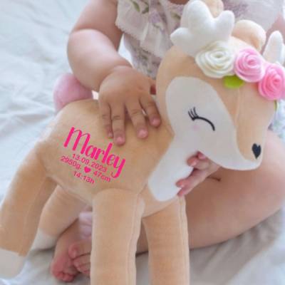 Kuscheltier Reh personalisiert mit Name Mädchen Stofftier Plüschtier Baby Geburt Taufe Geburtsdaten 