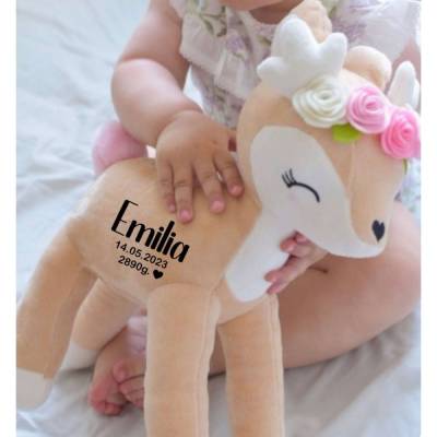 Kuscheltier Reh personalisiert mit Name Mädchen Stofftier Plüschtier Baby Geburt Taufe Geburtsdaten 