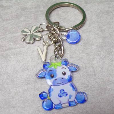 Personalisierbarer Kuh Schlüsselanhänger Heidelbeere – Acryl, kawaii, beidseitig, Glücksklee