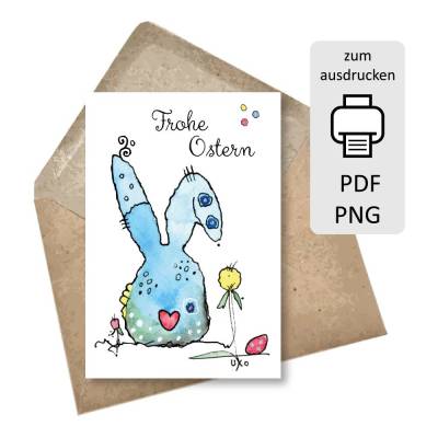 Osterkarten zum Ausdrucken, Osterhase hellblau, DIY-Set digital download PNG PDF