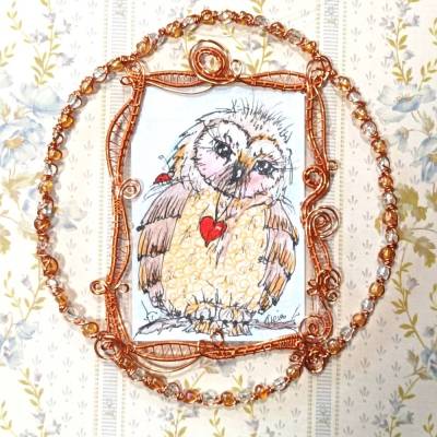 Eule mit Herz handgemalt Minibild funkelnd gerahmt kupfer rotgold Eulenbild