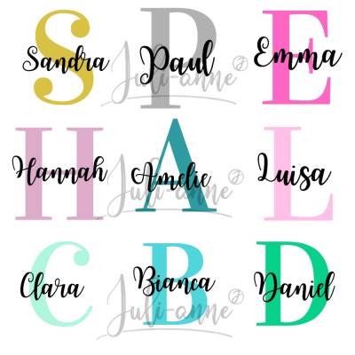 Bügelbild PERSONALISIERT Monogramm Buchstabe Name Wunschtext verschiedene Farben 