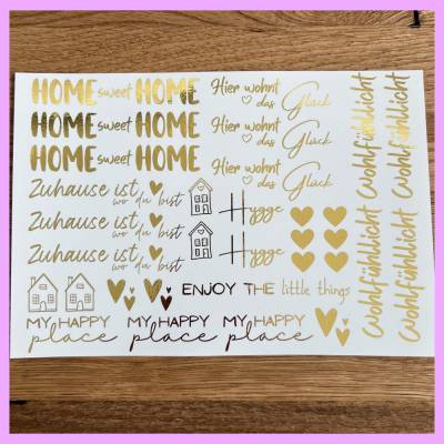 Kerzenfolie METALLIC, HOME, gold, A5, Wasserschiebefolie, Kerzentattoo, für Stabkerzen etc, Home sweet Home, Hygge