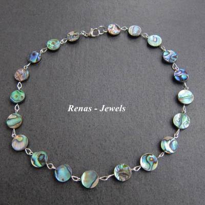 Kurze Perlmuttkette Abalone Paua Muschel Seeopal – Regenbogenfarben, Silberfarben, Rund