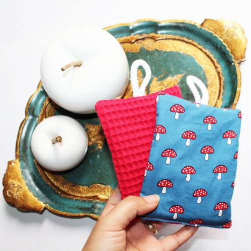 Spülschwamm Schrubschwamm mit Aufhänger Pilz 3lagig Baumwolle und Waffelpique blau rot zerowaste wiederverwendbar Spültu