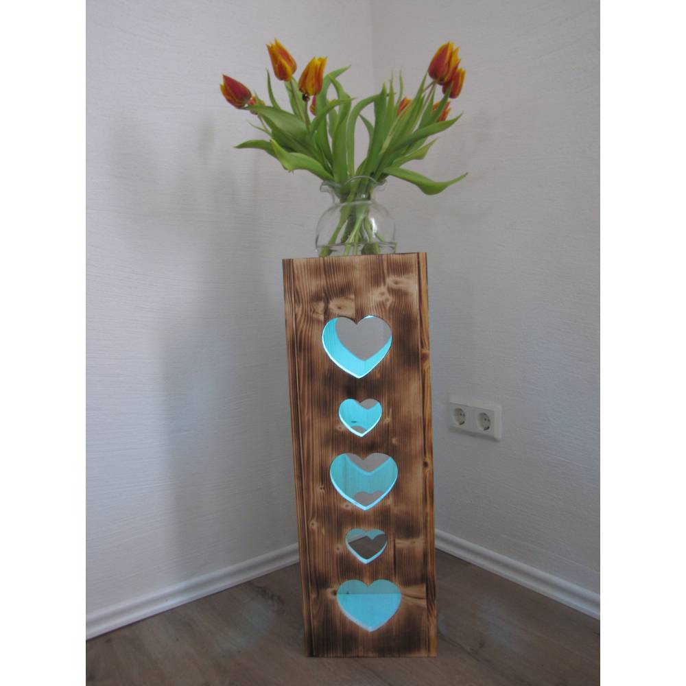Dekosäule Blumensäule aus Holz geflammt Herzen und Led Lampe Beleuchtung Fernbedienung