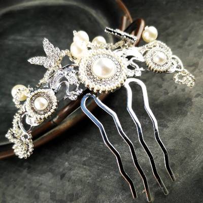 verzierter Haarkamm, silber-weiss, Brautschmuck, festlich