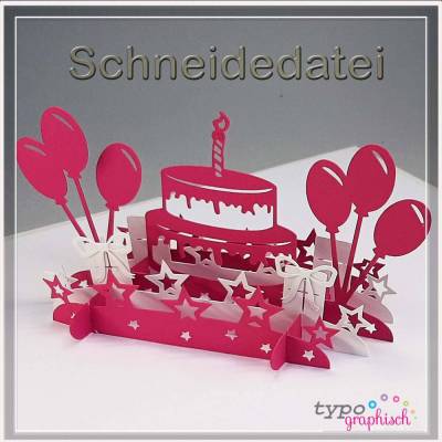 Plotterdatei Pop-up Karte Geburtstagskuchen – 3D DIY Karte inkl. englischer Version