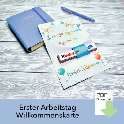 Willkommen Kollegin, Geschenk Karte, Süßigkeiten, Kinderriegel Banderole, Nervennahrung Geschenk, 1. Arbeitstag, PDF