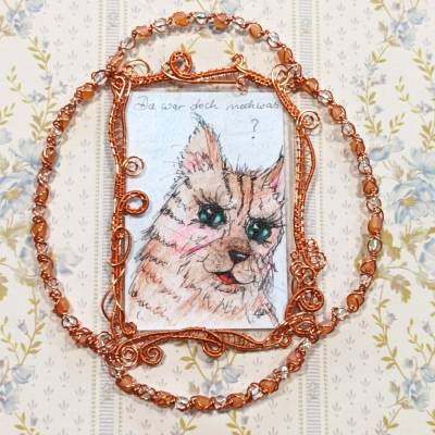 Katze handgemalt Minibild funkelnd gerahmt kupfer rotgold Katzenbild