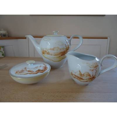 RARITÄT! Kaffeekanne mit Milchkännchen und Zuckerdose/Bonboniere mit handgemalten Dolomiten-Motivenn