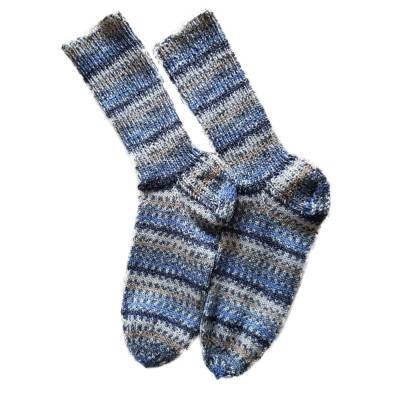 Blau-grau gestreifte handgestrickte Wollsocken 38/39 unisex – Yogasocken, Lieblingssocken aus Franken