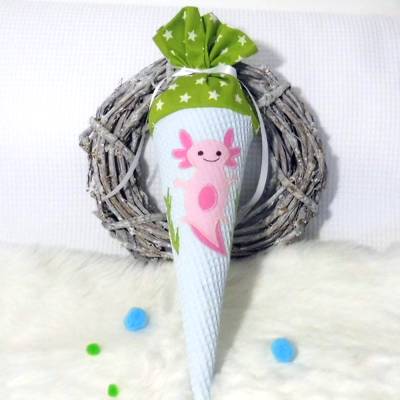 Personalisierbare Geschwistertüte/Schultüte mit Axolotl – 35cm oder 70cm – Bestickt, Kitatüte, Zuckertüte, Name, Wunschfarbe