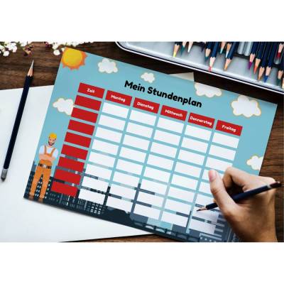 Stundenplan Baustelle als Download in DIN A4 | Kran | Einschulung | Schulkind 2024 | Geschenk zur Einschulung | digitale