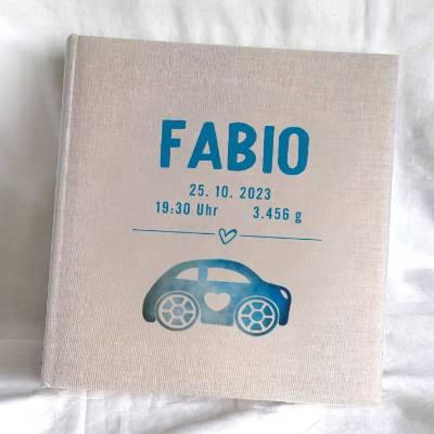 Fotoalbum Babyalbum echtes Leinen personalisierbar Design Little Car