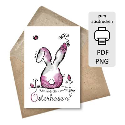 Grußkarten für Ostern, Karten zum Ausdrucken und basteln mit Bastel-Anleitung, Osterkarte Hase rosa