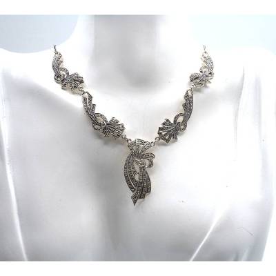 Aufwendiges 925 Silber Jugendstil Collier mit handgefaßten Markasiten