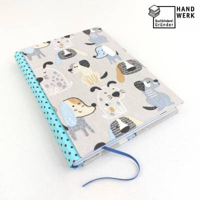 Notizbuch, Hunde, DIN A5, 140 Blatt, blau Punkte, handgefertigt