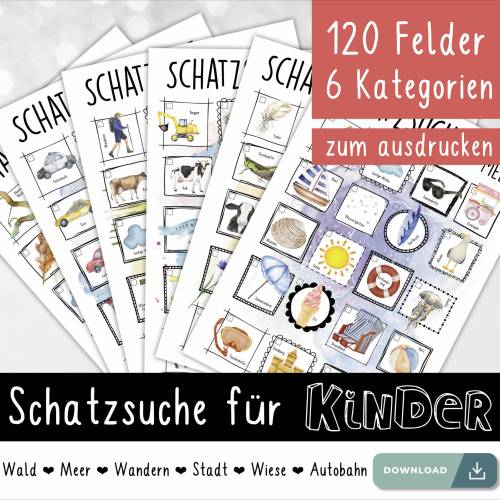 Schatzsuche für Unterwegs zum selbst ausdrucken | auf Reisen | DIN A4 | Printable