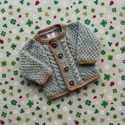Trachtenjacke hellgrau hellbraun Junge Taufe Babyparty gestrickt  Taufkleidung Geschenk Geburt Babyshower Hochzeit