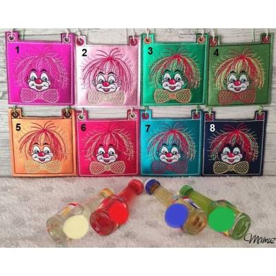 Täschchen mit Clown, für kleine Schnaps/Likörfläschchen, Glitzerleder, Farbe aussuchen