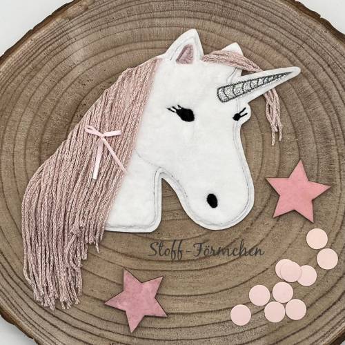 Große Einhorn-Applikation weiß mit rosa Glitzermähne