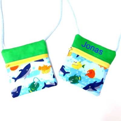 Kinder Brustbeutel Fische – personalisierbar, aus Baumwolle, Geschenk zur Einschulung