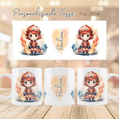 Personalisierte Tasse mit Feuerwehrmädchen und Namen - Kinderbecher mit Feuerwehr Mädchen- Girl Milchbecher - Kakaotasse