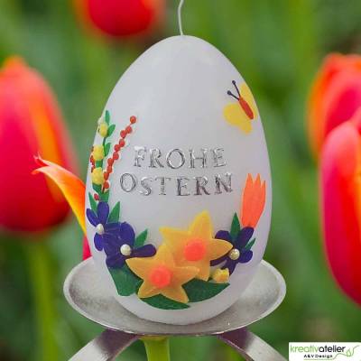 Ostereikerze mit Frühlingsstrauß und Schmetterling, "Frohe Ostern" Ostergeschenk Osterkerze Osterdeko