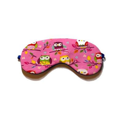Schlafmaske, Schlafbrille, Stoffbrille aus Jersey, rosa mit Eulen, Rückseite dunkelblau, gefüttert 