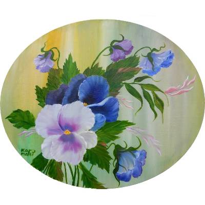 Stiefmütterchen - Blumenmalerei - Originalgemälde in Öl auf Leinwand Keilrahmen, oval, 60 x 50 cm