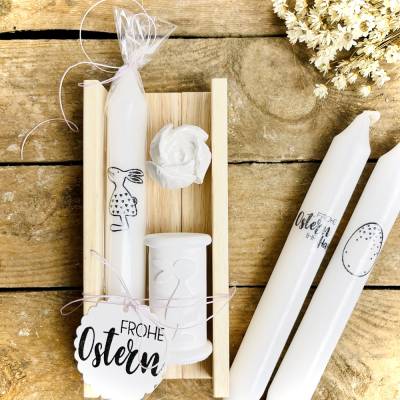 Geschenkset für Freunde "Hasenmädchen". Mitbringsel. Ostern. Stabkerze. Kerzenhalter. Tulpe. Frühling.
