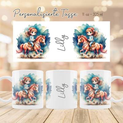 Personalisierte Tasse mit Pferdemädchen und Namen - Kinderbecher mit Pferd - Mädchen-  reiten - Milchbecher - Kakaotasse