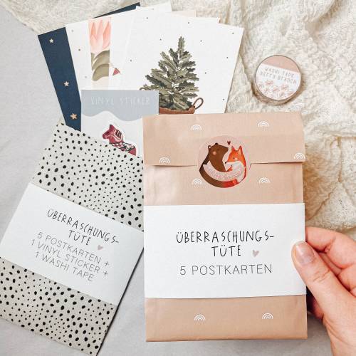 Überraschungstüte Postkarten Tilda&Theo Wundertüte mit Grußkarten, Stickern, Washitapes, Schreibwaren - Geschenktüte Mix