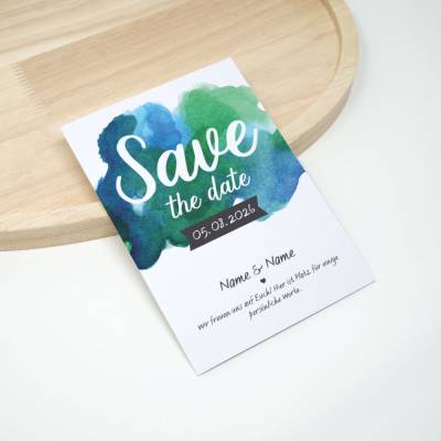 50 x A6 personalisierte Save the Date Karte | Aquarell Hochzeitskarte blau grün