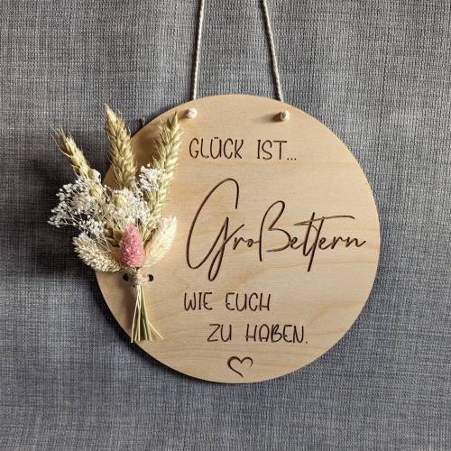 Geschenk Großeltern, Danke Großeltern,  Wandschild mit Trockenblumen, Glück ist ... Großeltern wie euch" Danke Oma,